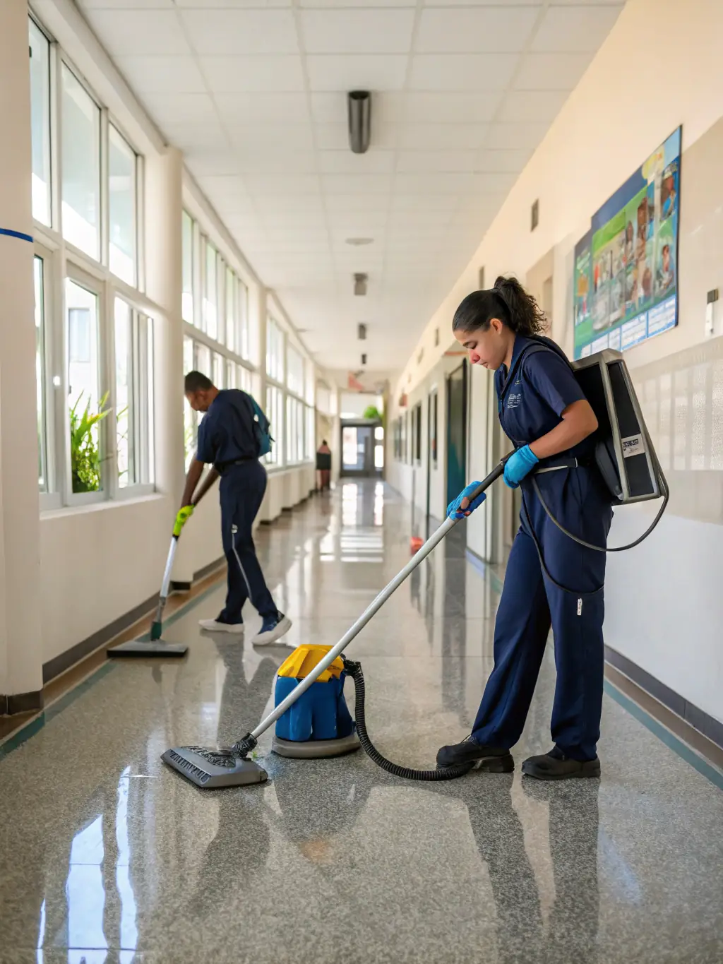 Cleaning staff using eco-friendly cleaning equipment in a school corridor, maintaining a spotless and healthy environment.