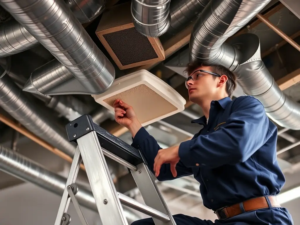 A maintenance worker inspecting HVAC equipment in a school, ensuring proper functionality and air quality.