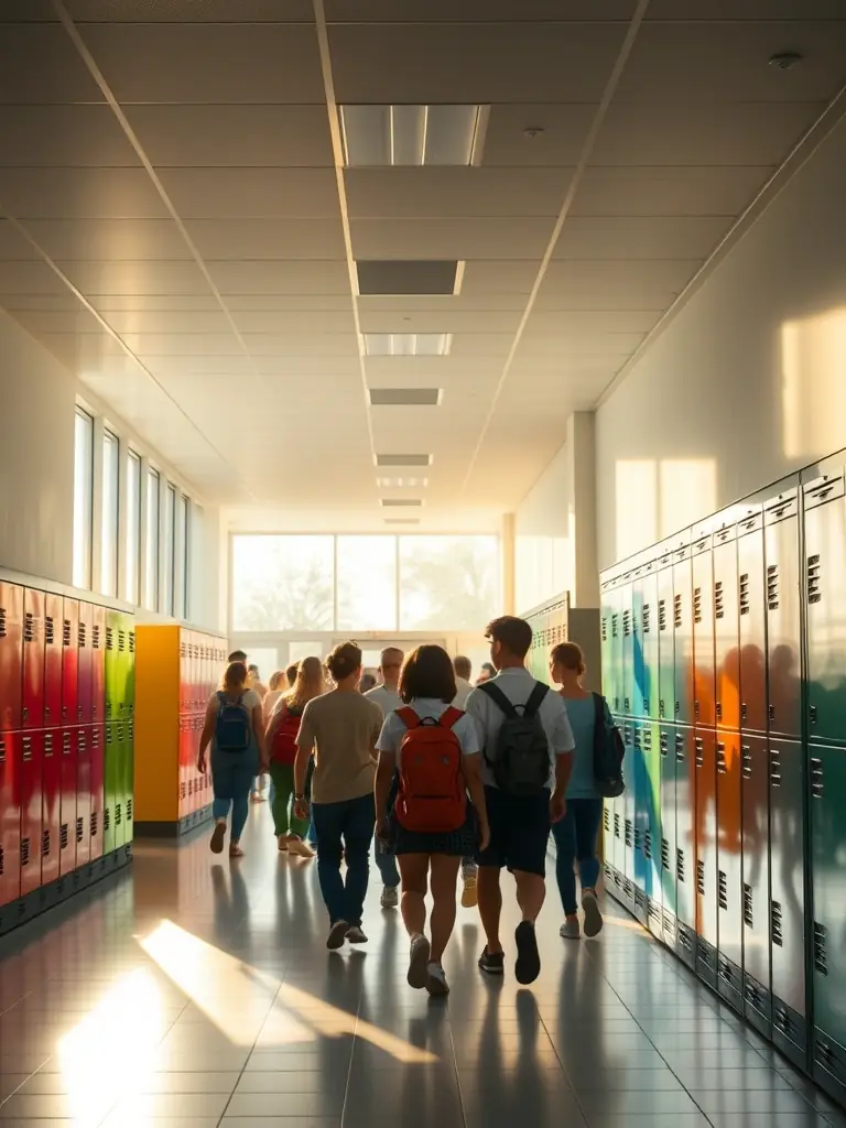 A brightly lit school hallway with students walking, emphasizing a safe and well-maintained environment, suitable for showcasing Mitie's maintenance services for schools.
