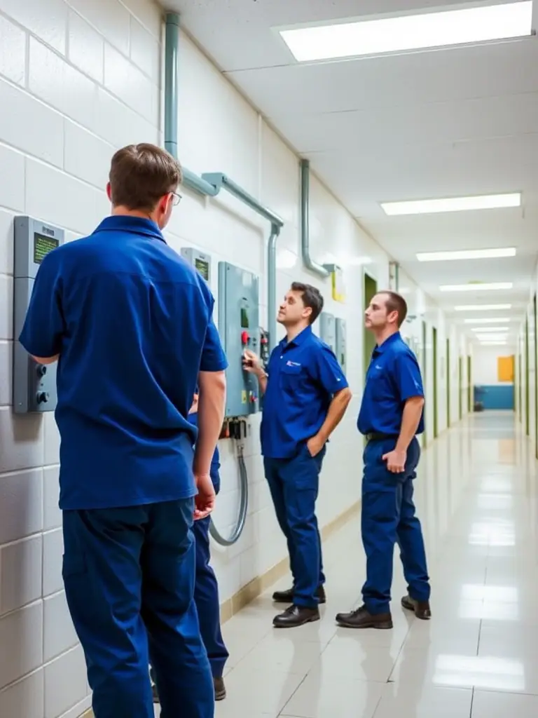 A team inspecting electrical systems in a school building, ensuring safety and compliance with regulations.