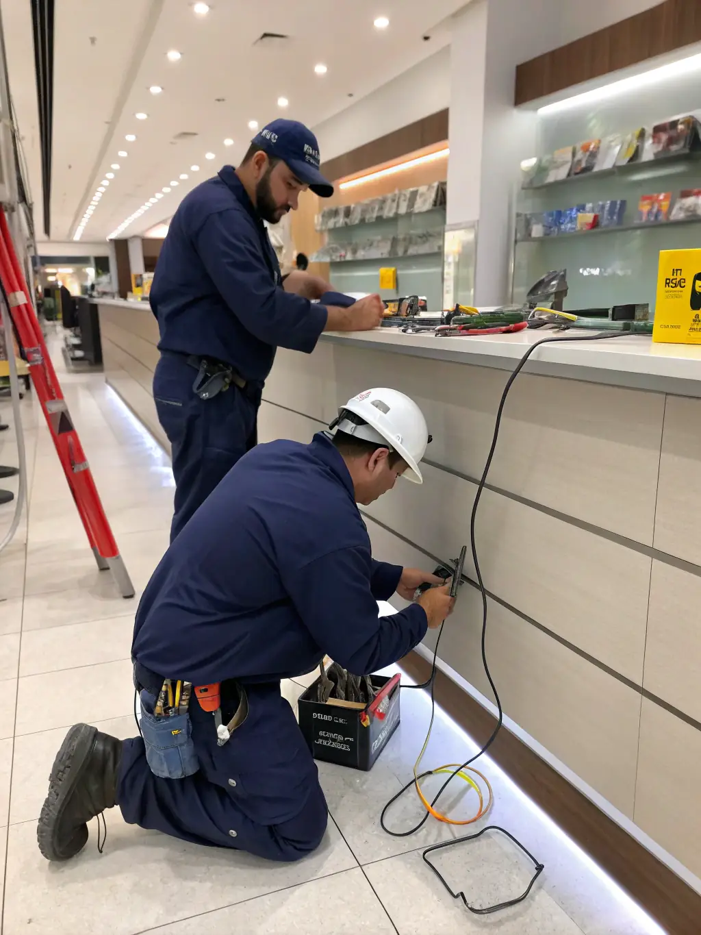 A team of technicians performing maintenance work in a commercial building, ensuring all systems are running smoothly.