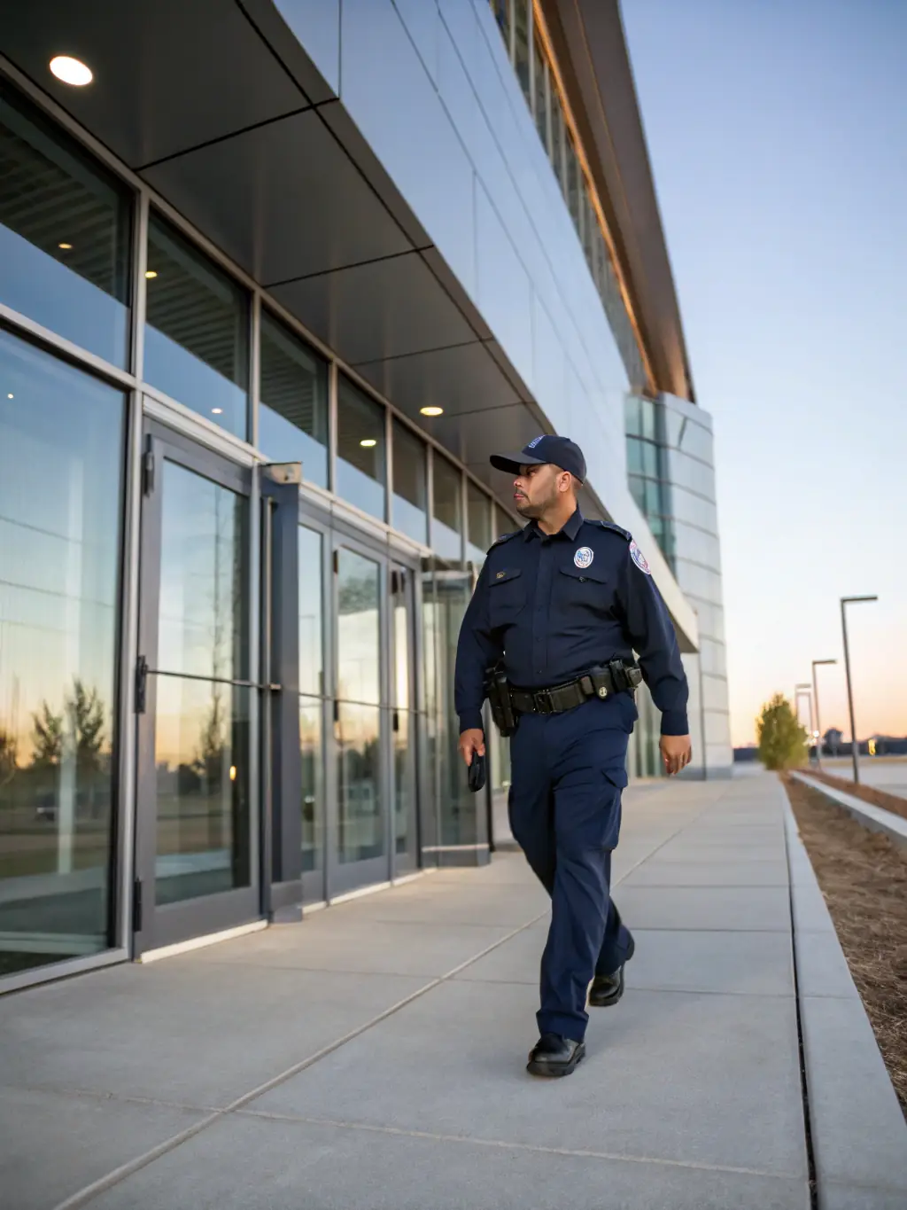 Security personnel patrolling a commercial building entrance, ensuring the safety of the premises.