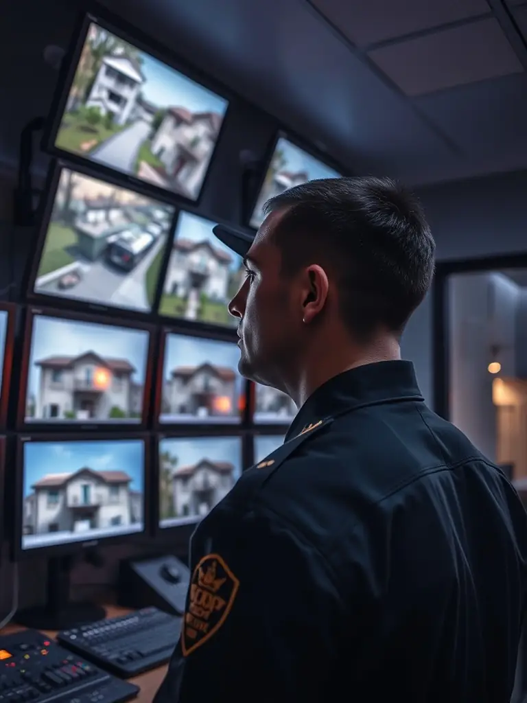 A security guard monitoring CCTV screens in a control room, demonstrating Mitie's security services for schools and businesses.