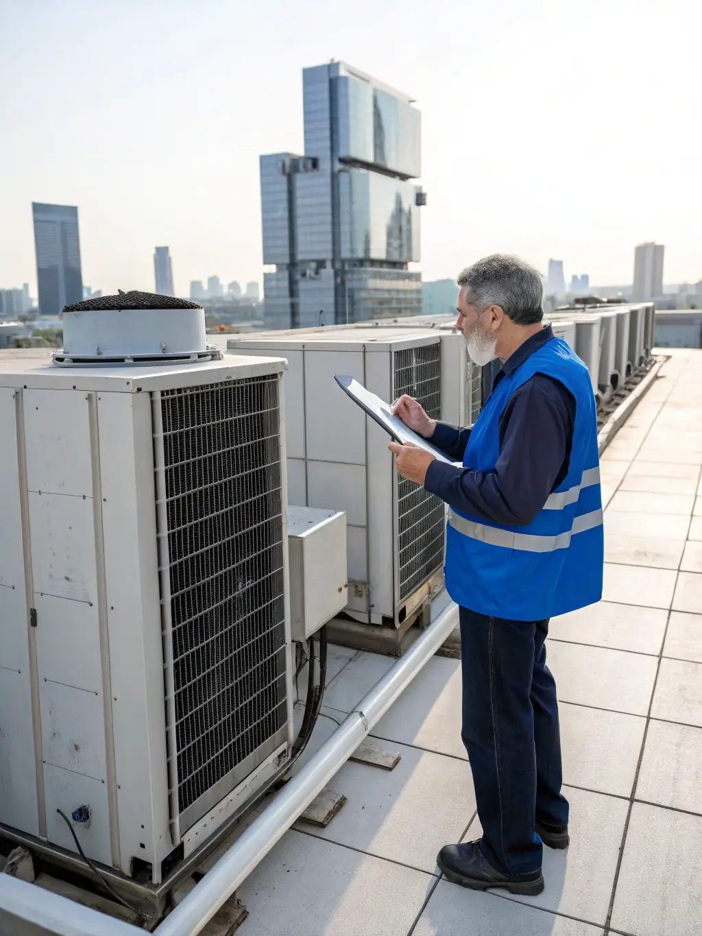 A facilities manager inspecting HVAC equipment in a commercial building, showcasing Mitie's expertise in facilities management.