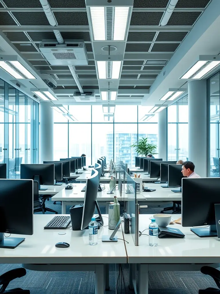A modern office space with employees working, highlighting a clean and organized workspace, ideal for illustrating Mitie's cleaning services for businesses.