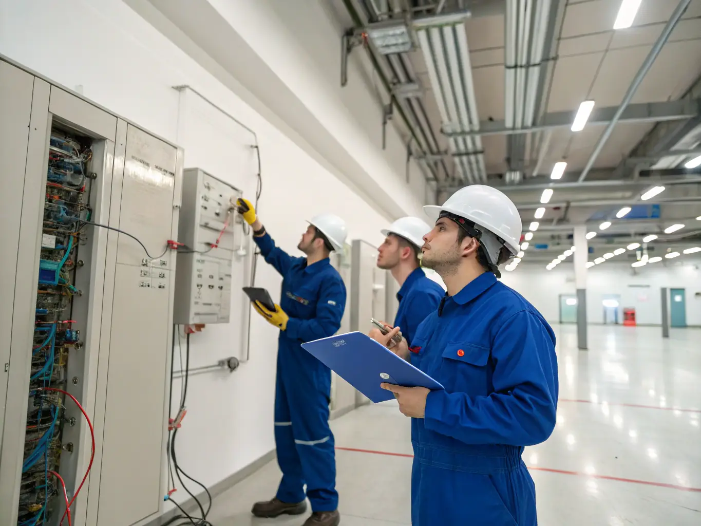 A technician performing routine checks on electrical systems in a commercial building, focusing on safety and efficiency.