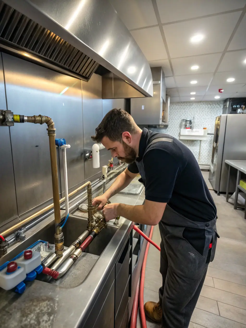 A plumber fixing a leaky pipe in a commercial building, preventing water damage and operational disruptions.