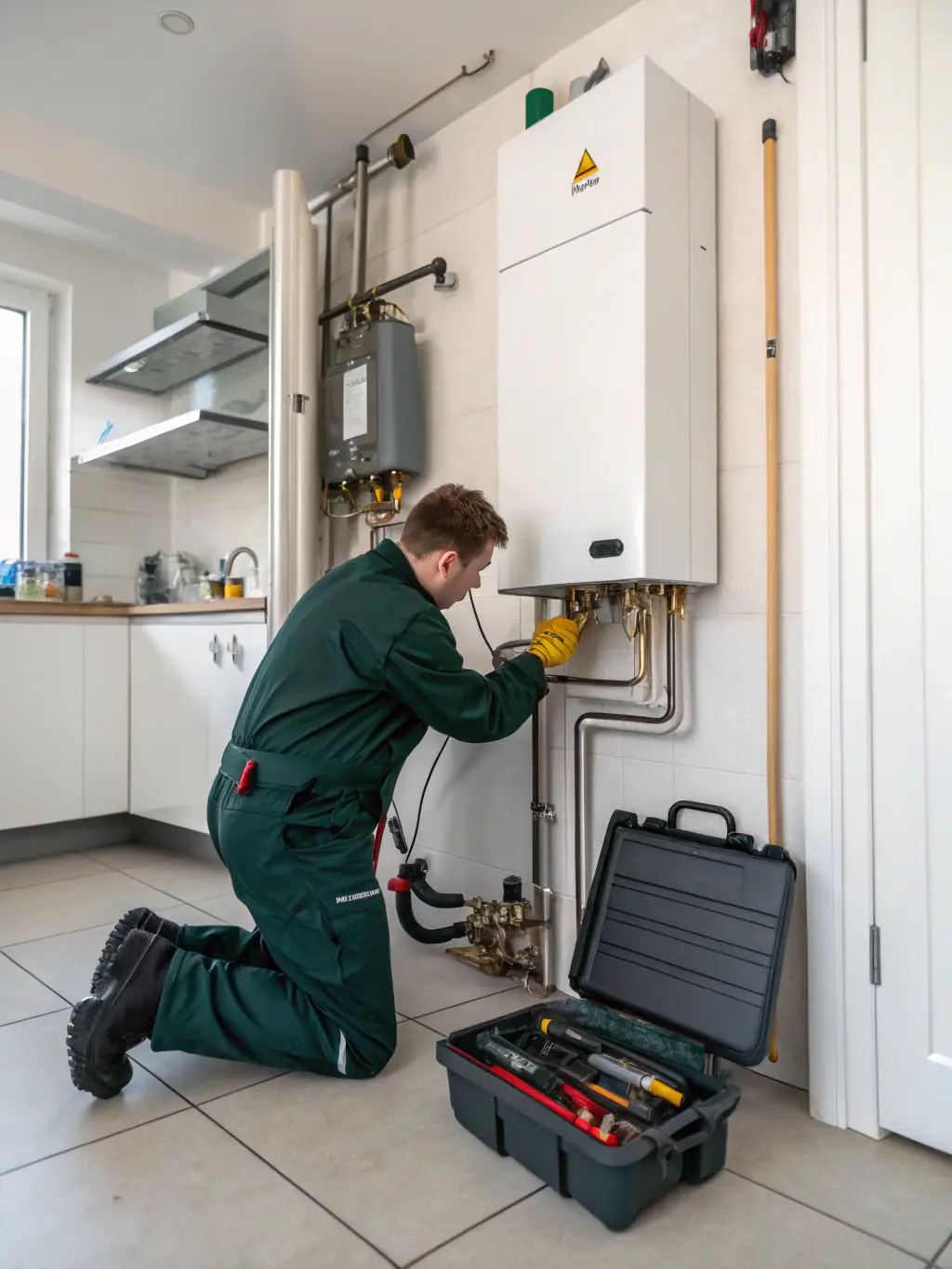 A technician performing maintenance work on a commercial HVAC system, ensuring optimal performance and energy efficiency.